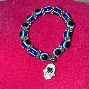 Blue and Silver Evil Eye 🪬 Beaded Bracelet with Hamsa Charm